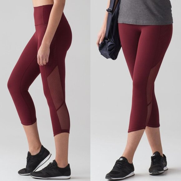 Lululemon Size 2 Deep Rouge Burgundy Body Con Crop Leggings Mesh Trim Yoga Pants - Picture 1 of 10